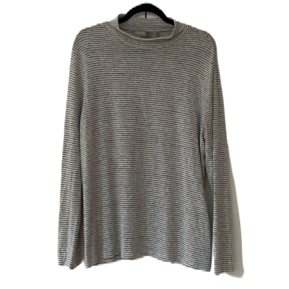Chico’s Size 2 CoziSoft Mock Pullover‎ Gray Grey White Stripe Chicos Size Large